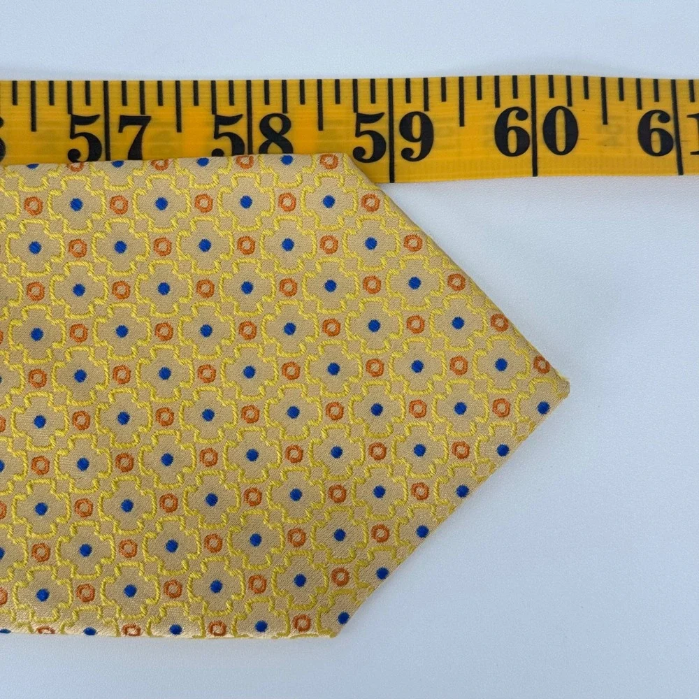 Charles Tyrwhitt Mens Silk Tie‎ Yellow Gold Blue Geometric Medallion Foulard 60L